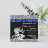 Royal Blue Diamond Tiara Schoen Quinceanera Kaart (Staand voorkant)