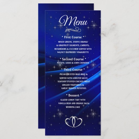 Royal Blue Diamonds and Hearts Menu Mariage (Devant / Derrière)