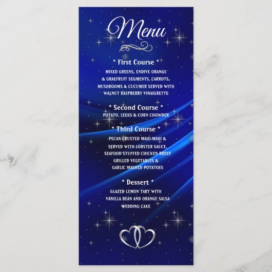 Royal Blue Diamonds and Hearts Menu Mariage (Devant)