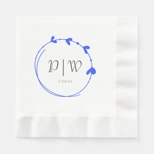 Royal Blue Eenvoudige Hart Krans Monogram Huwelijk Servet (Voorkant)