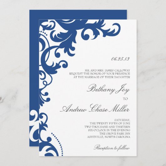 Royal Blue Elegant Damask Wedding Uitnodiging (Voorkant / Achterkant)