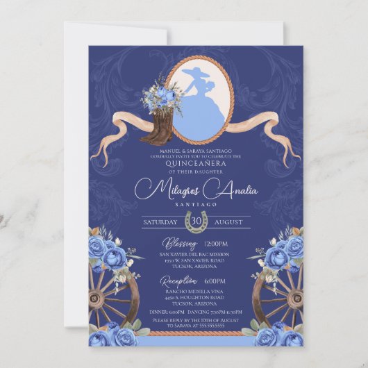Royal Blue Elegant Rustic Western Quinceanera Kaart (Voorkant)