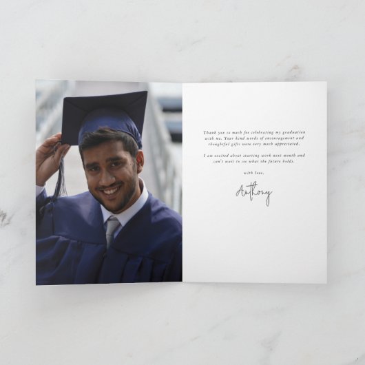 Royal Blue Elegant Script Afstuderen Foto + Berich Bedankkaart (Binnen)