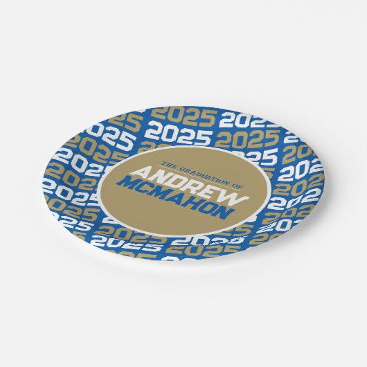 Royal Blue en Bronze Gold gepersonaliseerd Afstude Papieren Bordje (Gekanteld)