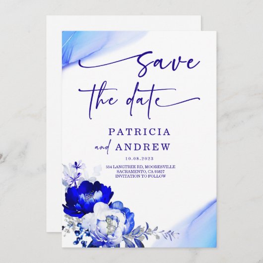 Royal Blue en Dusty Blue Rozen Save the Date Kaart (Voorkant / Achterkant)