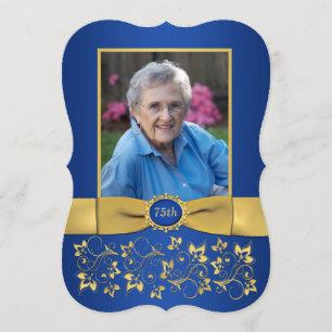 Royal Blue en Gold 75th Photo Birthday Invitation Kaart