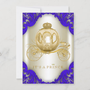 Royal Blue en Gold Carriage Prince Baby shower Kaart