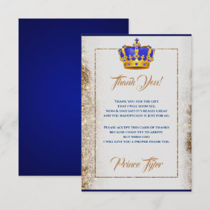 Royal Blue en Gold Crown Prince Baby shower Bedankkaart
