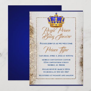 Royal Blue en Gold Crown Prince Baby shower Kaart