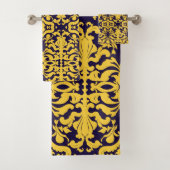 Royal Blue en Gold Damask Bad Handdoek (Insitu)