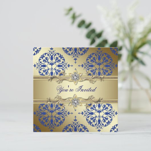 Royal Blue en Gold Damask Party Uitnodigingen (Staand voorkant)