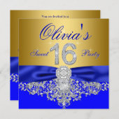 Royal Blue en Gold Diamond Sweet 16 Party Kaart (Voorkant / Achterkant)