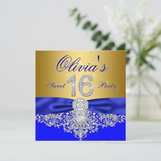 Royal Blue en Gold Diamond Sweet 16 Party Kaart (Staand voorkant)