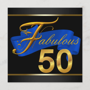 Royal Blue en Gold Fabulous 50th Birthday Party Kaart