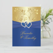 Royal Blue en Gold Floral bruiloft uitnodiging (Staand voorkant)