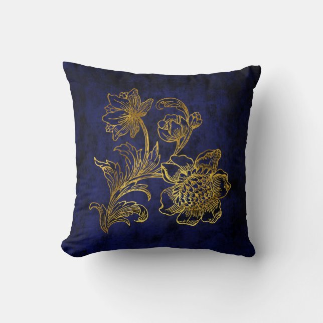 Royal Blue en Gold Floral Sierkussen (Voorkant)