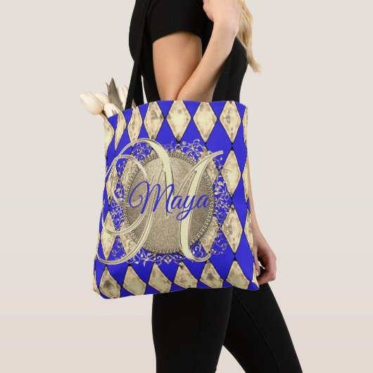 Royal Blue en Gold Glam Monogram Draagtas (Dichtbij)