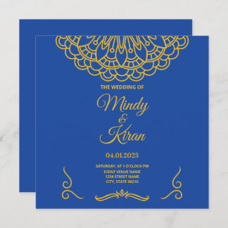 Royal Blue en Gold Indian Wedding Invitation Kaart