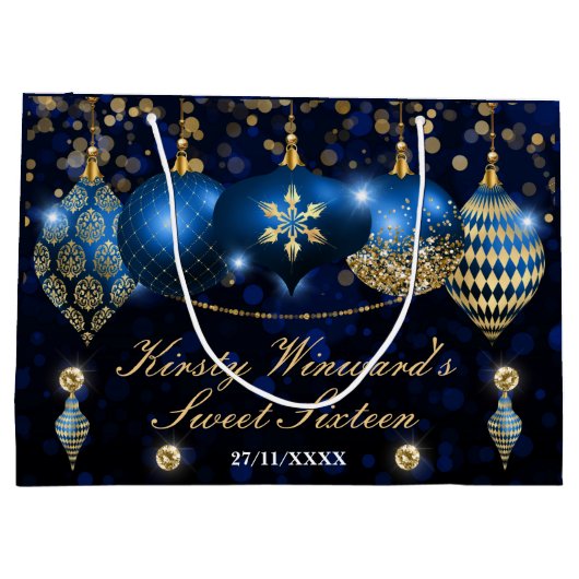Royal Blue en Gold Kerstbles Sweet 16 Groot Cadeauzakje (Achterkant)