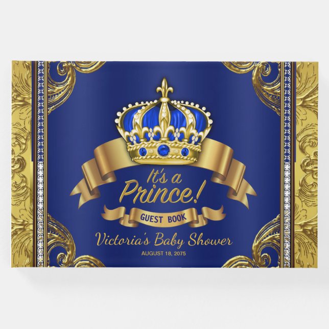 Royal Blue en Gold Prince Baby shower Guest Books Gastenboek (Voorkant)