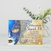 Royal Blue en Gold Sweet 16 Masquerade Party Kaart (Staand voorkant)