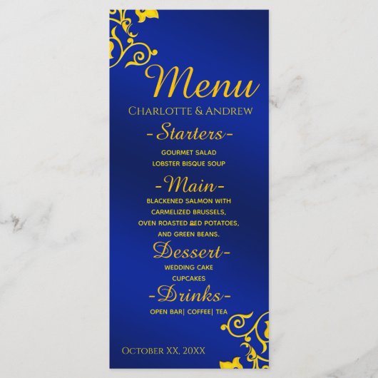 Royal Blue en Gold Wedding Menu (Voorkant)