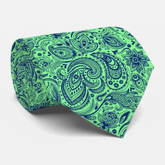 Royal-Blue en Green Floral Paisley Pattern Stropdas (Opgerold)