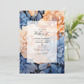Royal Blue en perzik en grijs bloemenbruiloft Kaart (Staand voorkant)