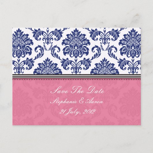 Royal Blue en PInk Damask Save The Date Aankondigingskaart (Voorkant)