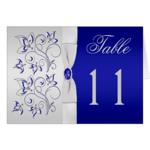 Royal Blue en Silver Bloemen Tafel Nummer Kaart
