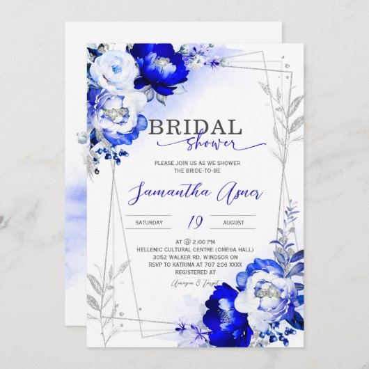 Royal Blue en Silver Bridal Shower Kaart (Voorkant / Achterkant)