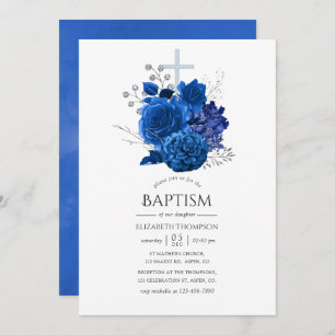 Royal Blue en Silver Floral Baptism Kaart