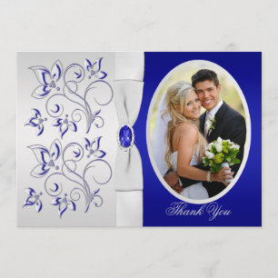 Royal Blue en Silver Floral Foto Hartelijk dank Bedankkaart