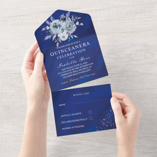 Royal Blue en Silver Floral Quinceañera All In One Uitnodiging (Afscheurbaar)