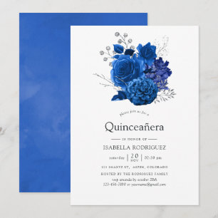 Royal Blue en Silver Floral Quinceañera Kaart