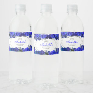 Royal Blue en Silver Floral Quinceanera Waterfles Etiket
