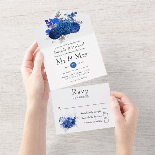Royal Blue en Silver Floral Wedding All In One Uitnodiging (Afscheurbaar)