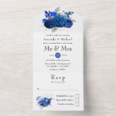 Royal Blue en Silver Floral Wedding All In One Uitnodiging (Binnen)