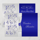 Royal Blue en Silver Floral Wedding Invitation Kaart (Voorkant / Achterkant)