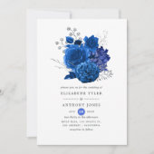 Royal Blue en Silver Floral Wedding Kaart (Voorkant)