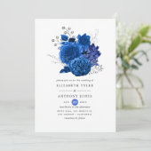 Royal Blue en Silver Floral Wedding Kaart (Staand voorkant)