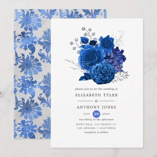 Royal Blue en Silver Floral Wedding Kaart (Voorkant / Achterkant)