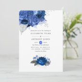 Royal Blue en Silver Floral Wedding Kaart (Staand voorkant)