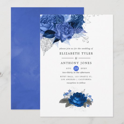 Royal Blue en Silver Floral Wedding Kaart (Voorkant / Achterkant)