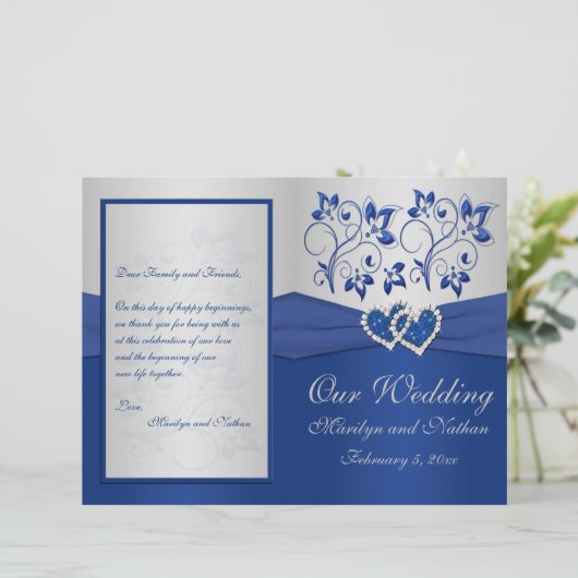 Royal Blue en Silver Floral Wedding Programme (Staand voorkant)