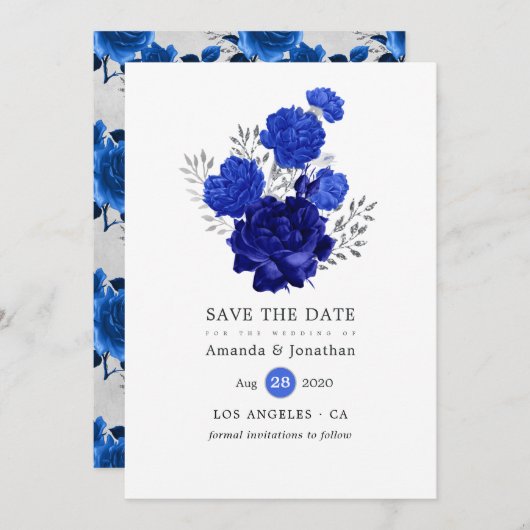 Royal Blue en Silver Floral Wedding Save The Date (Voorkant / Achterkant)