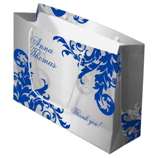 Royal Blue en Silver Flourish Groot Cadeauzakje (Voorkant Gekanteld)