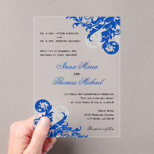 Royal Blue en Silver Flourish Wedding Acryl Uitnodigingen