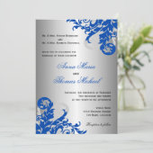 Royal Blue en Silver Flourish Wedding Kaart (Staand voorkant)