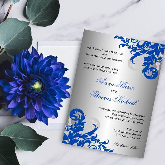 Royal Blue en Silver Flourish Wedding Kaart